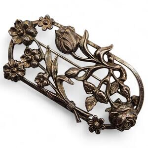 Vintage Art Nouveau Revival Floral Brooch Silver Tone Rose Tulip Bar Pin 1930s